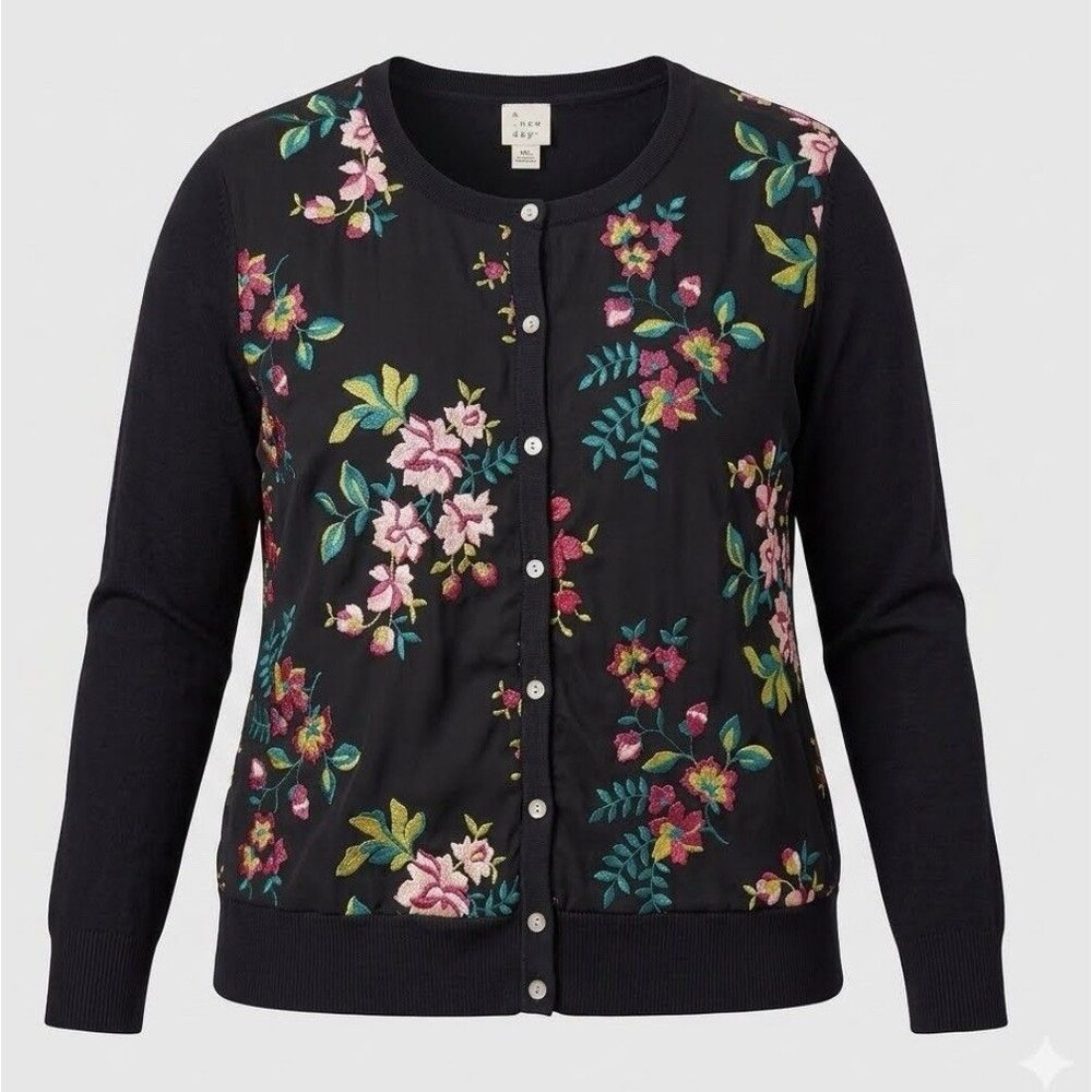 Sheer Floral Embroidered Cardigan Black 2XL Plus Button Front Romantic Goth